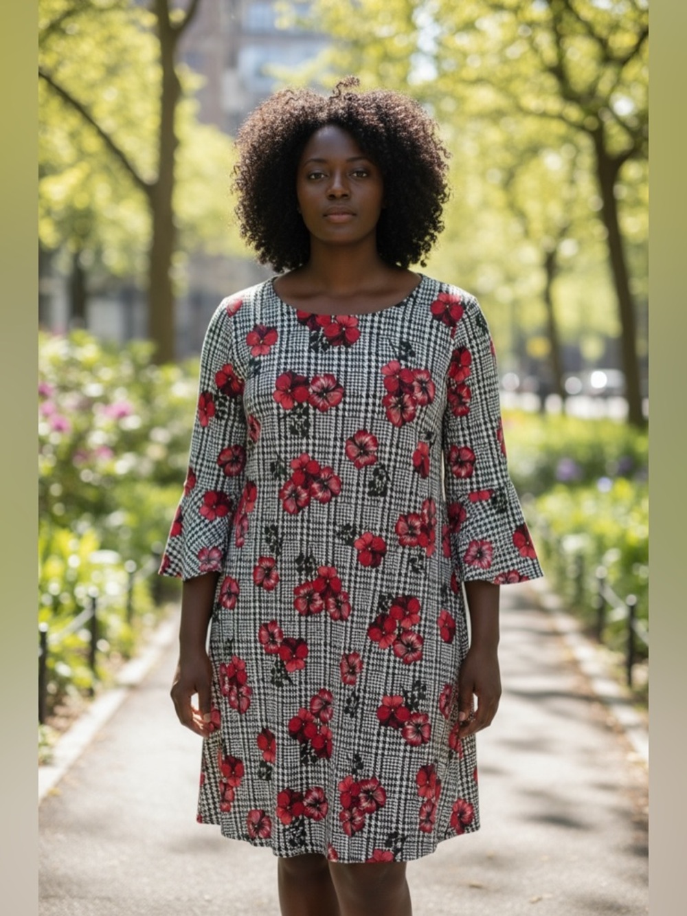 Tommy Hilfiger Sz 10 Woman's Black Gray Red Floral Houndstooth Bell Sleeve Dress